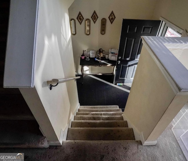 staircase featuring carpet floors