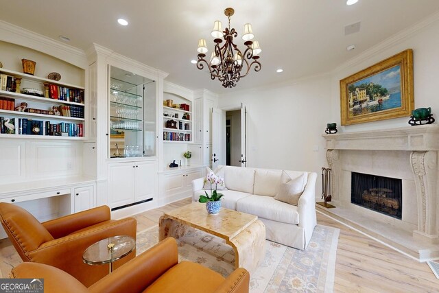 bedroom featuring light wood-type flooring, access to exterior, ceiling fan, wooden ceiling, and crown molding