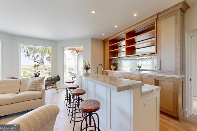 living room with light hardwood / wood-style floors, a premium fireplace, sink, and ceiling fan