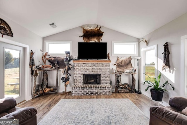 living room featuring light hardwood / wood-style flooring, a wealth of natural light, and a fireplace