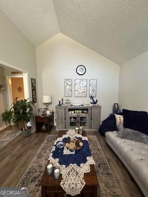 living room with a textured ceiling, lofted ceiling, and dark hardwood / wood-style floors