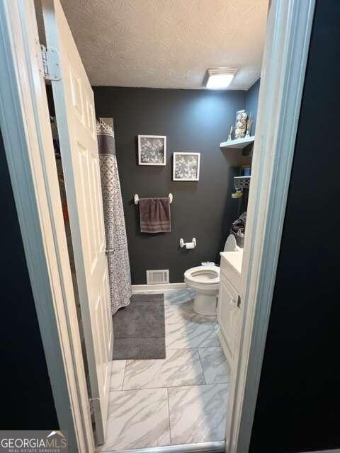 bathroom with vanity, a textured ceiling, and toilet