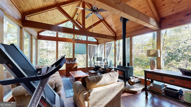 sunroom / solarium featuring a wealth of natural light, a wood stove, and wooden ceiling