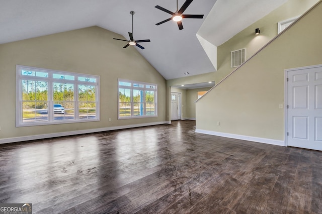 unfurnished living room featuring ceiling fan, high vaulted ceiling, and dark hardwood / wood-style flooring