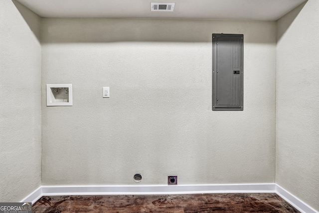 clothes washing area with hookup for a washing machine, electric panel, and electric dryer hookup