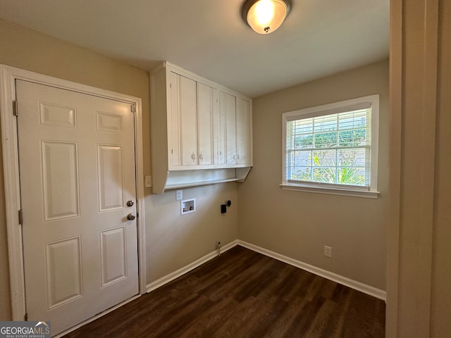 laundry area featuring dark wood-type flooring, electric dryer hookup, washer hookup, and cabinets