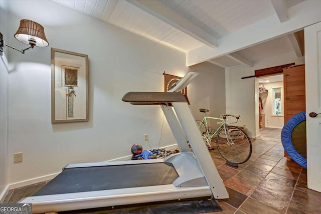 workout room with wood ceiling