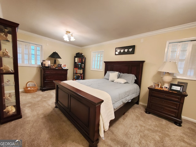 carpeted bedroom with ornamental molding