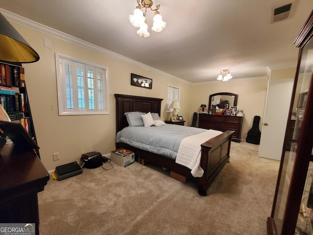 bedroom featuring visible vents, crown molding, light colored carpet, and an inviting chandelier