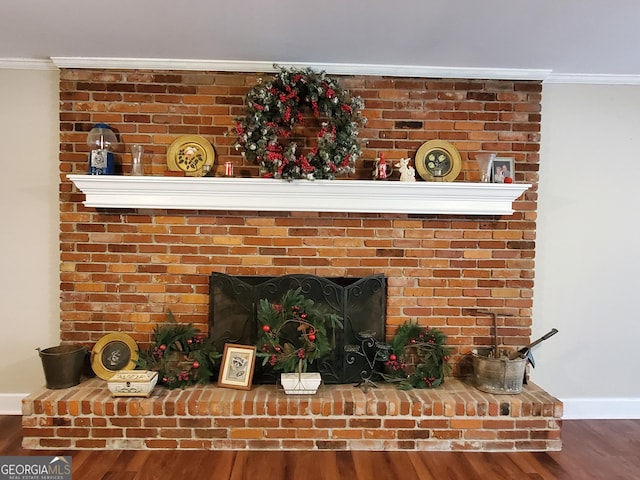 details featuring ornamental molding, a fireplace, wood finished floors, and baseboards