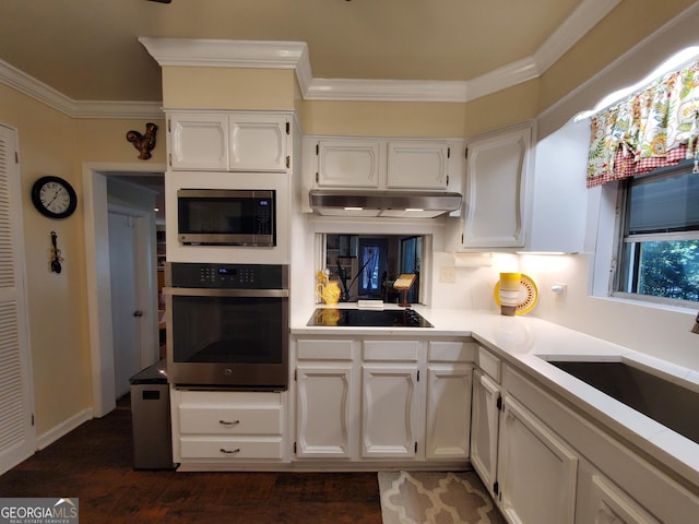 kitchen with crown molding, appliances with stainless steel finishes, white cabinetry, and under cabinet range hood