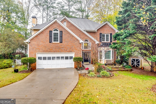 front facade featuring a front yard, a garage, and a storage shed