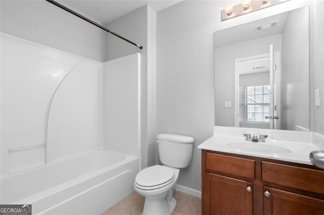 full bathroom with vanity, shower / tub combination, toilet, and tile patterned flooring