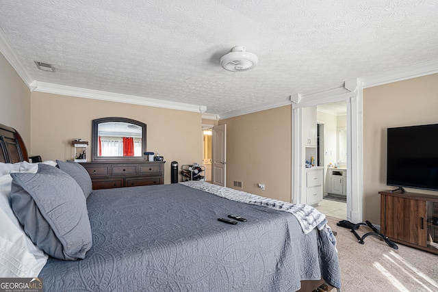 carpeted bedroom featuring connected bathroom, crown molding, and a textured ceiling