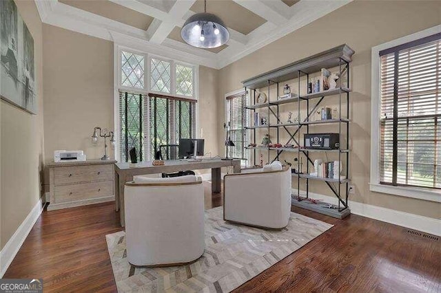 office area featuring dark hardwood / wood-style floors, a healthy amount of sunlight, and coffered ceiling