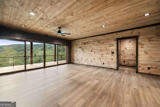 spare room with wooden ceiling, light hardwood / wood-style floors, and wood walls