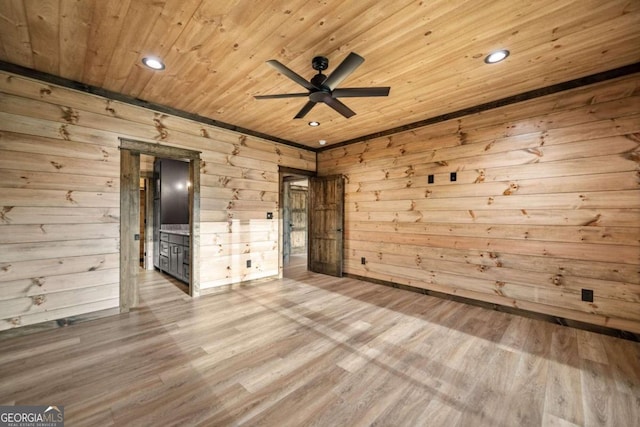 spare room with wood walls, hardwood / wood-style flooring, and wooden ceiling