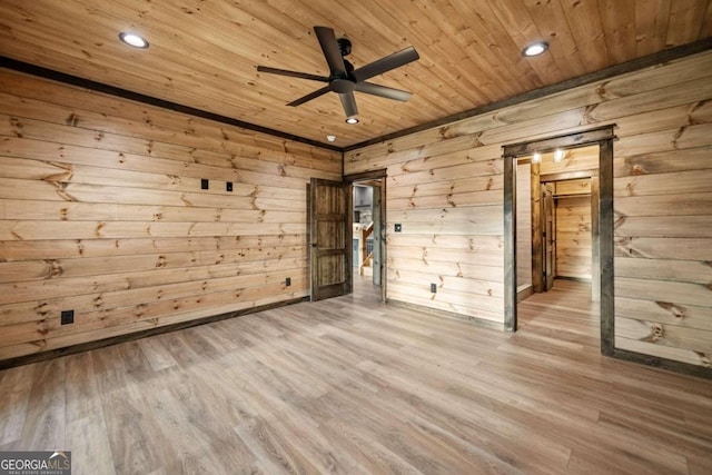 spare room featuring wood ceiling, hardwood / wood-style flooring, wooden walls, and ceiling fan