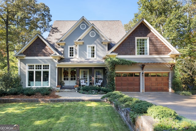 craftsman inspired home featuring covered porch, a garage, and a front yard