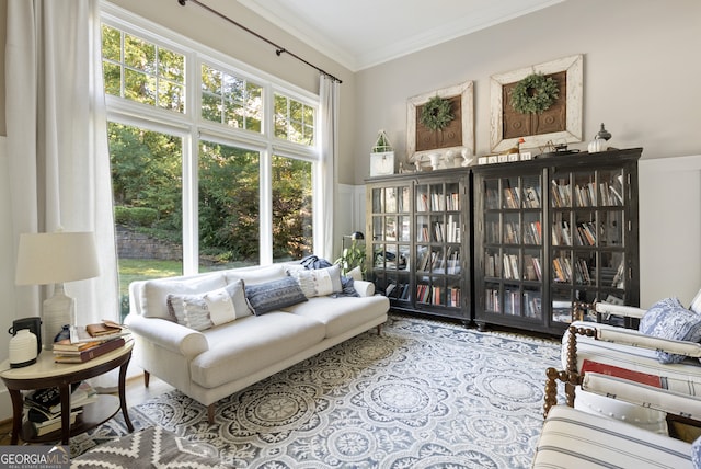 living area featuring crown molding