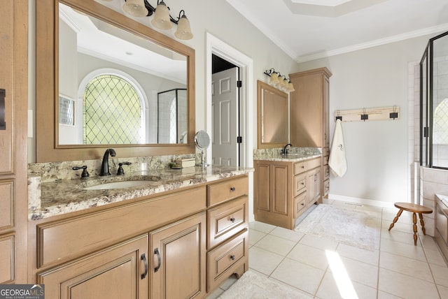 bathroom with tile patterned flooring, vanity, walk in shower, and ornamental molding