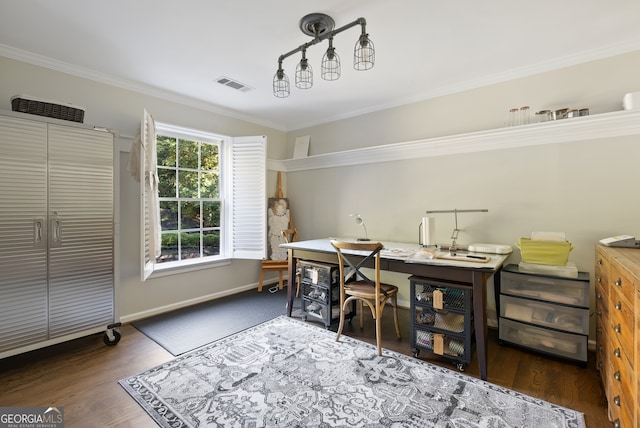 office space with dark hardwood / wood-style floors and ornamental molding