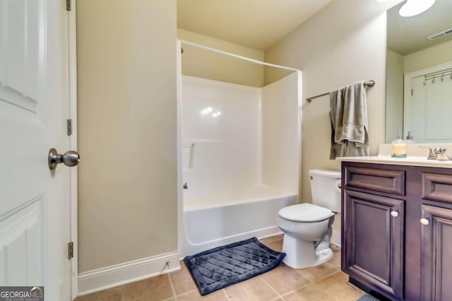 full bathroom featuring vanity, shower / bathing tub combination, toilet, and tile patterned flooring