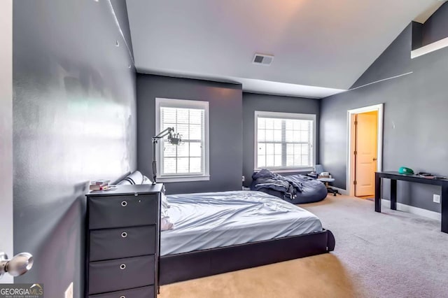 bedroom featuring lofted ceiling and carpet