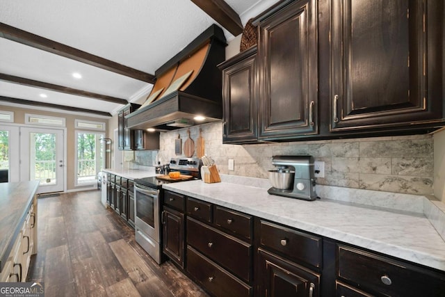 kitchen featuring stainless steel electric range, beamed ceiling, backsplash, and dark hardwood / wood-style flooring