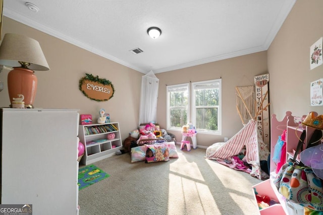 recreation room featuring crown molding and carpet flooring