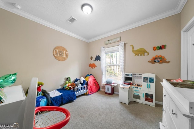 rec room with ornamental molding and light carpet