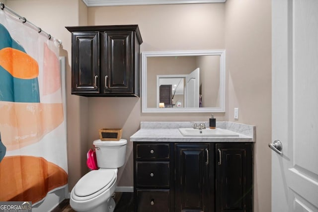 bathroom featuring toilet, curtained shower, hardwood / wood-style flooring, and vanity