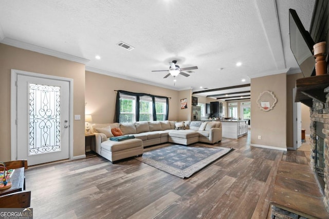 living room with hardwood / wood-style flooring, a textured ceiling, and ornamental molding