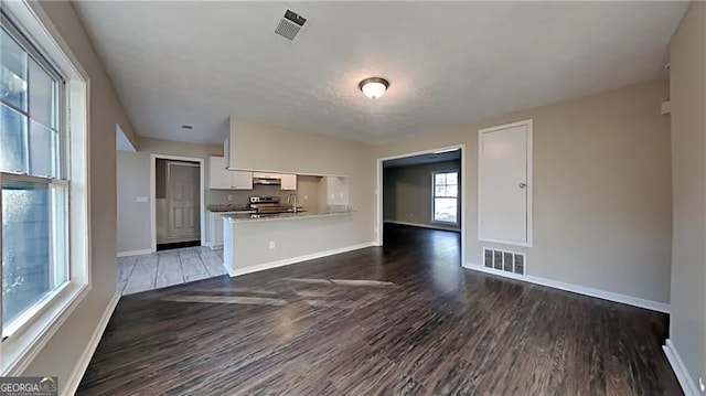 unfurnished living room featuring sink and dark hardwood / wood-style floors