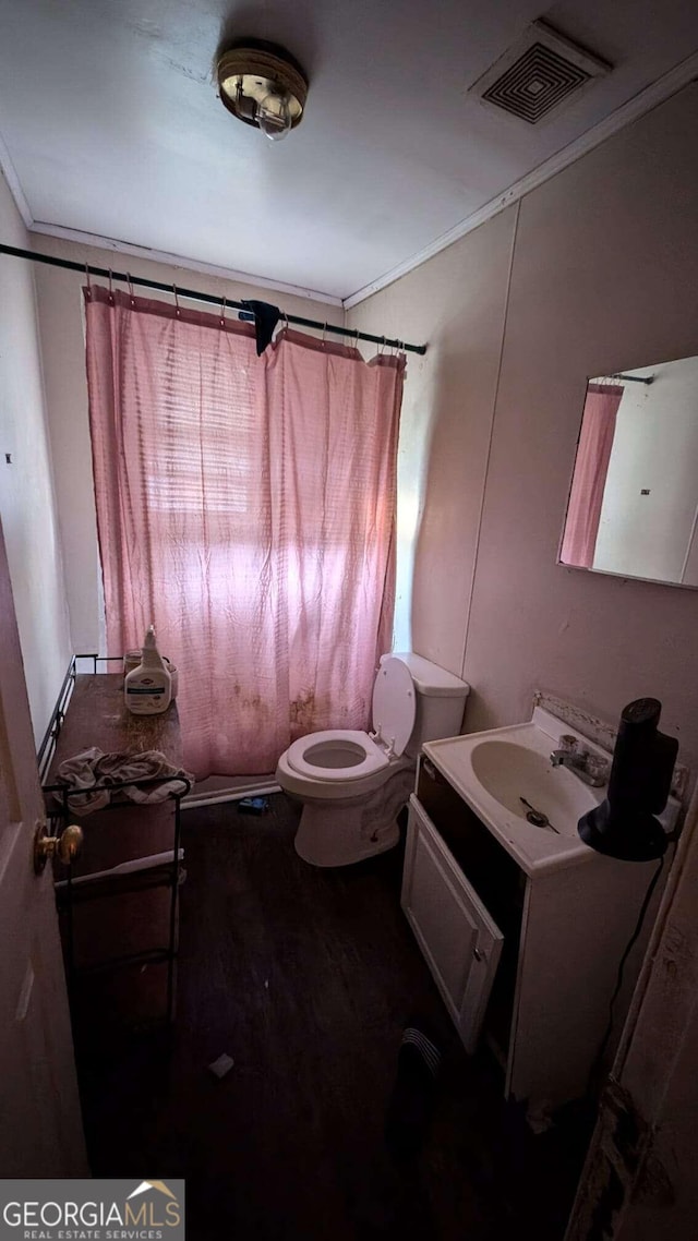 646 Straight St, Macon, GA 31204 - bathroom featuring vanity, toilet, wood-type flooring, and a shower with curtain