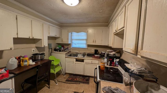 646 Straight St, Macon, GA 31204 - kitchen featuring sink, a textured ceiling, electric range, white cabinetry, and crown molding