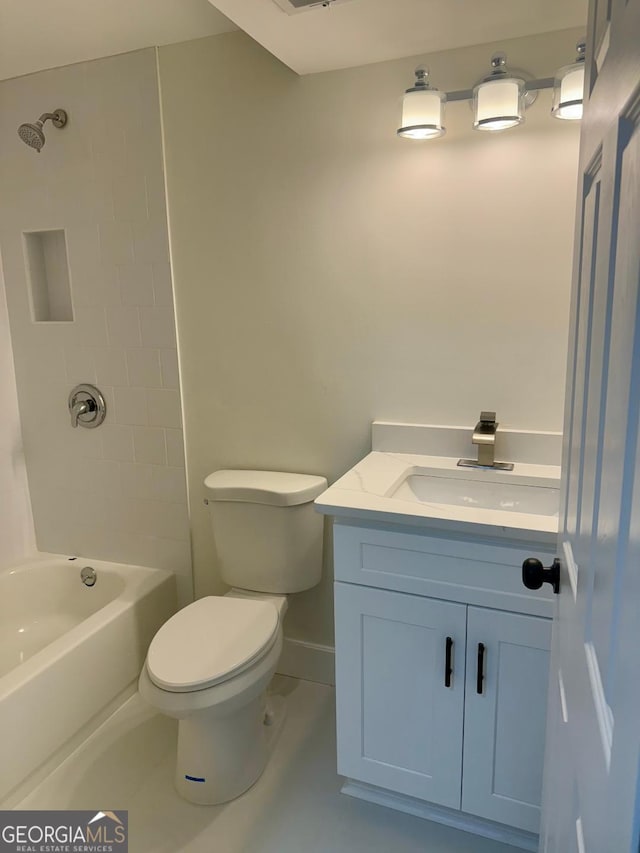 full bath with toilet, baseboards, washtub / shower combination, and vanity