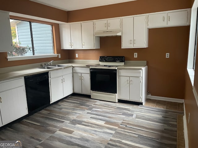 kitchen with white electric range, white cabinetry, sink, and dishwasher