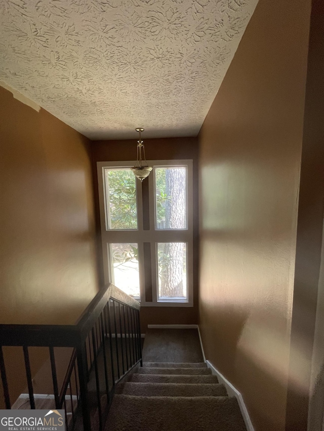 8596 Creekwood Way, Jonesboro, GA 30238 - stairs with carpet floors, a textured ceiling, and baseboards