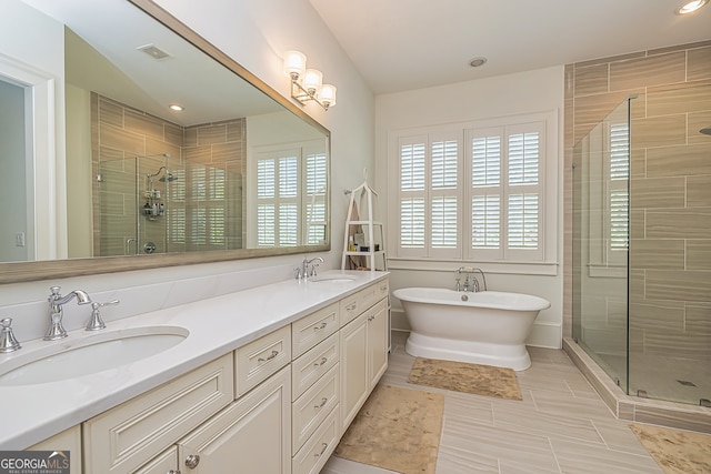 bathroom with vanity and plus walk in shower