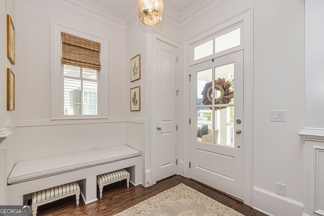 entryway with crown molding, a healthy amount of sunlight, and dark hardwood / wood-style flooring