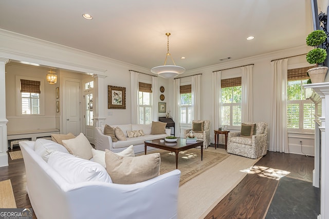 living room featuring ornate columns, ornamental molding, and dark hardwood / wood-style flooring