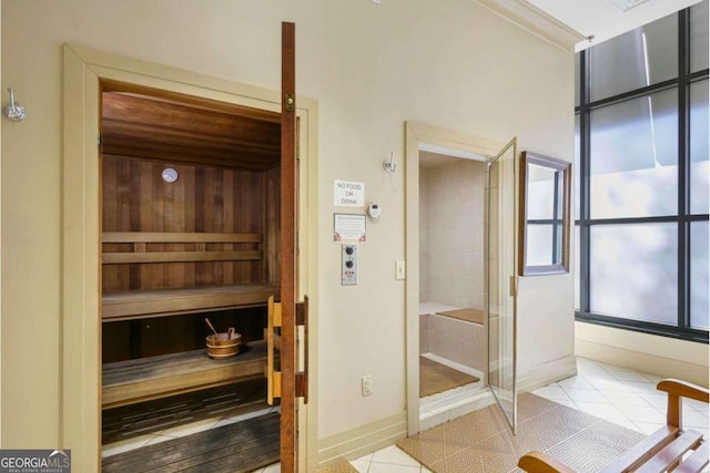 view of sauna with tile patterned floors