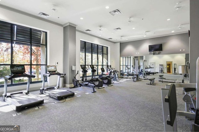 exercise room featuring crown molding and carpet floors