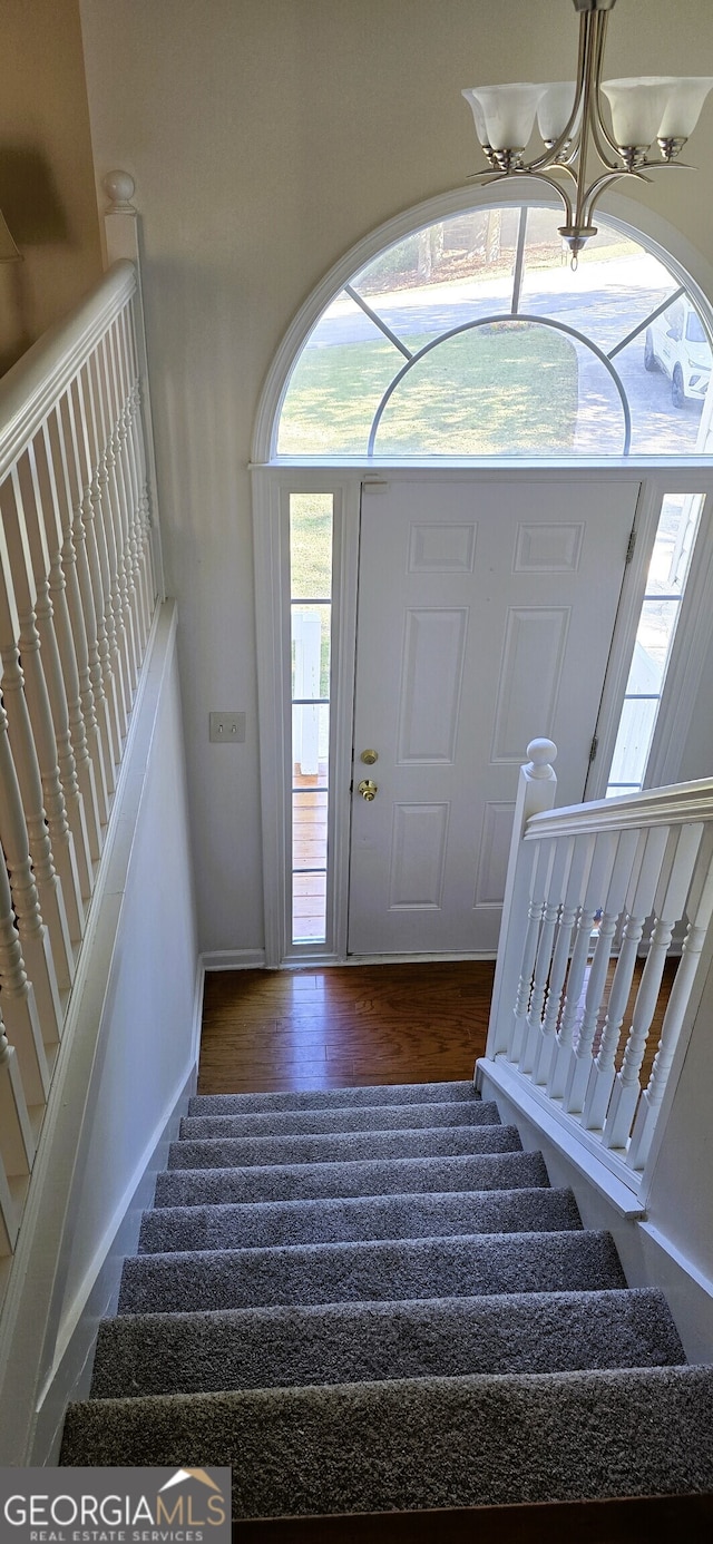 entryway with a chandelier and dark hardwood / wood-style floors