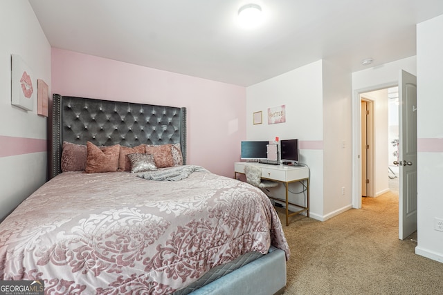 bedroom with light colored carpet