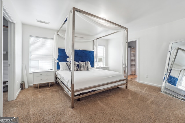 carpeted bedroom featuring multiple windows