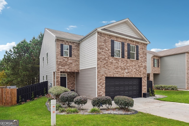 view of front of property with central AC, a front lawn, and a garage