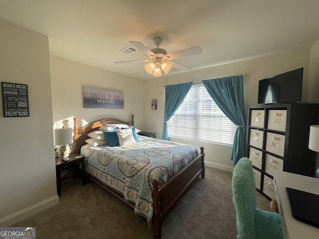 carpeted bedroom with ceiling fan