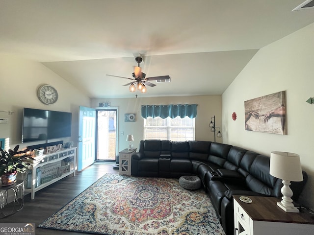 living room featuring ceiling fan, dark wood-type flooring, and vaulted ceiling